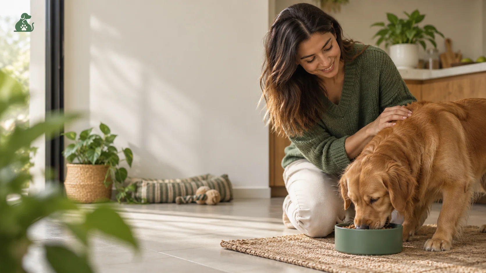 Cuidadora organizando la alimentación de su perro adulto en casa